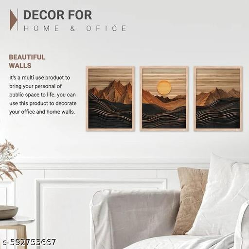 Abstract Mountain Wall Art Set of 3 | Modern Wood-Tone Landscape Canvas Prints | Minimalist Home Décor
