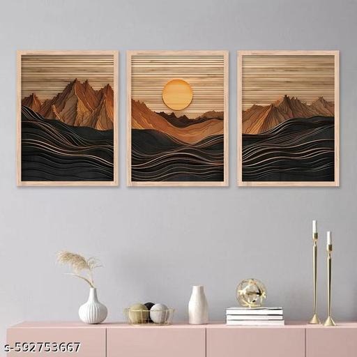 Abstract Mountain Wall Art Set of 3 | Modern Wood-Tone Landscape Canvas Prints | Minimalist Home Décor