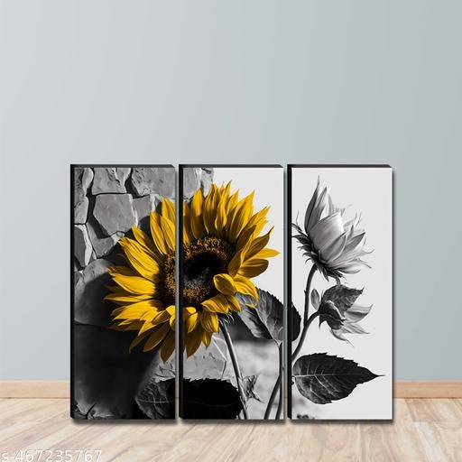 Sunflower Wall Art Set of 3 | Black and White Floral Canvas Prints | Modern Home Décor