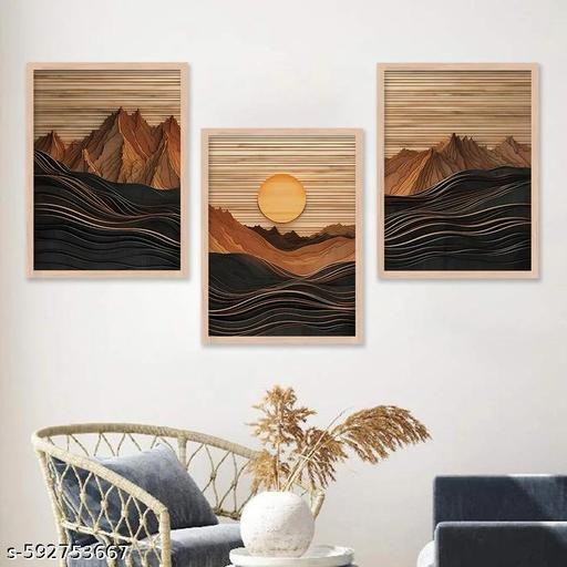 Abstract Mountain Wall Art Set of 3 | Modern Wood-Tone Landscape Canvas Prints | Minimalist Home Décor