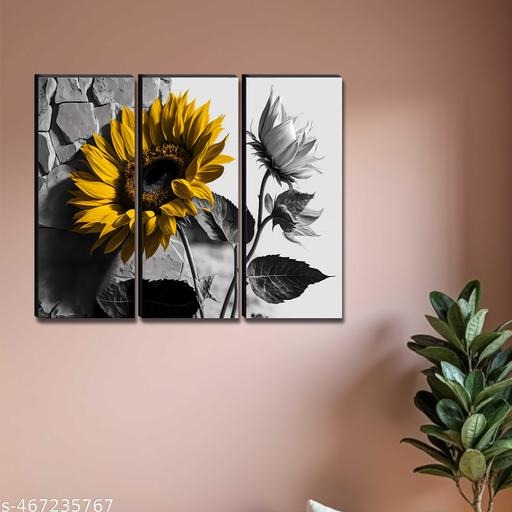 Sunflower Wall Art Set of 3 | Black and White Floral Canvas Prints | Modern Home Décor