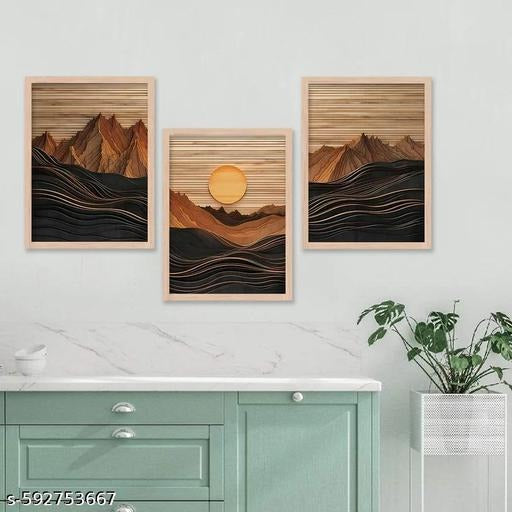 Abstract Mountain Wall Art Set of 3 | Modern Wood-Tone Landscape Canvas Prints | Minimalist Home Décor